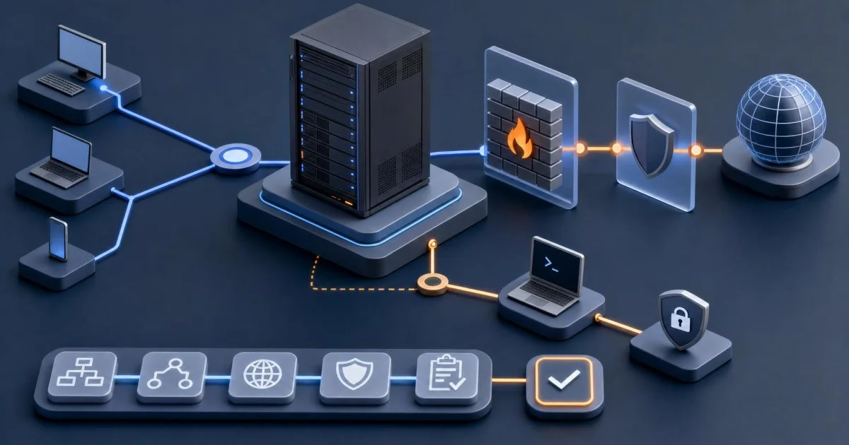 Dedicated sunucu, firewall katmanı ve geri dönüş konsolu olan soyut ağ diyagramı